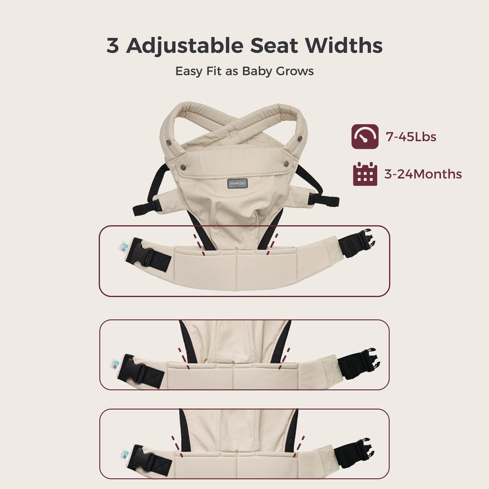 Momcozy carrier with newborn seated demonstrating safe ergonomic positioning