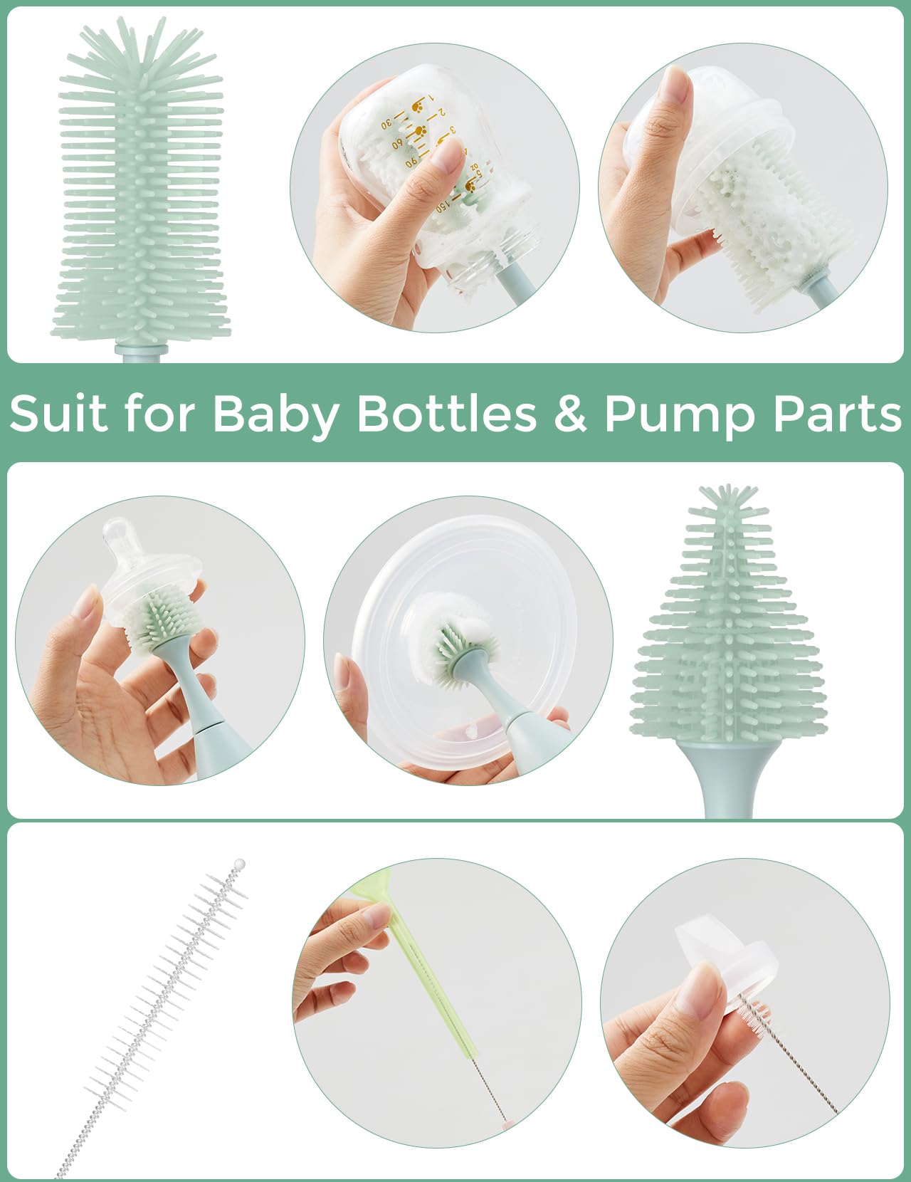 Momcozy detailed view of soft silicone bristles protecting bottles while removing residue