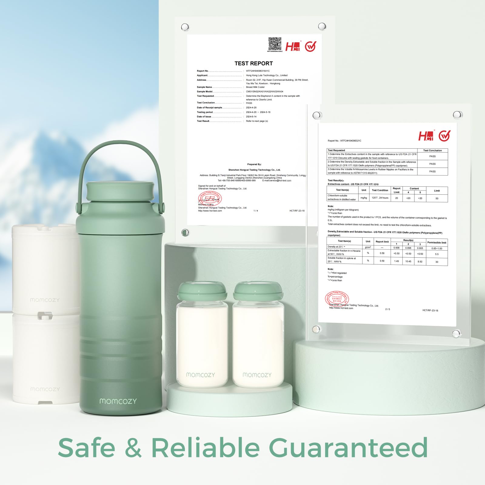 Momcozy cooler held in hand showing scale and travel-friendly benefit