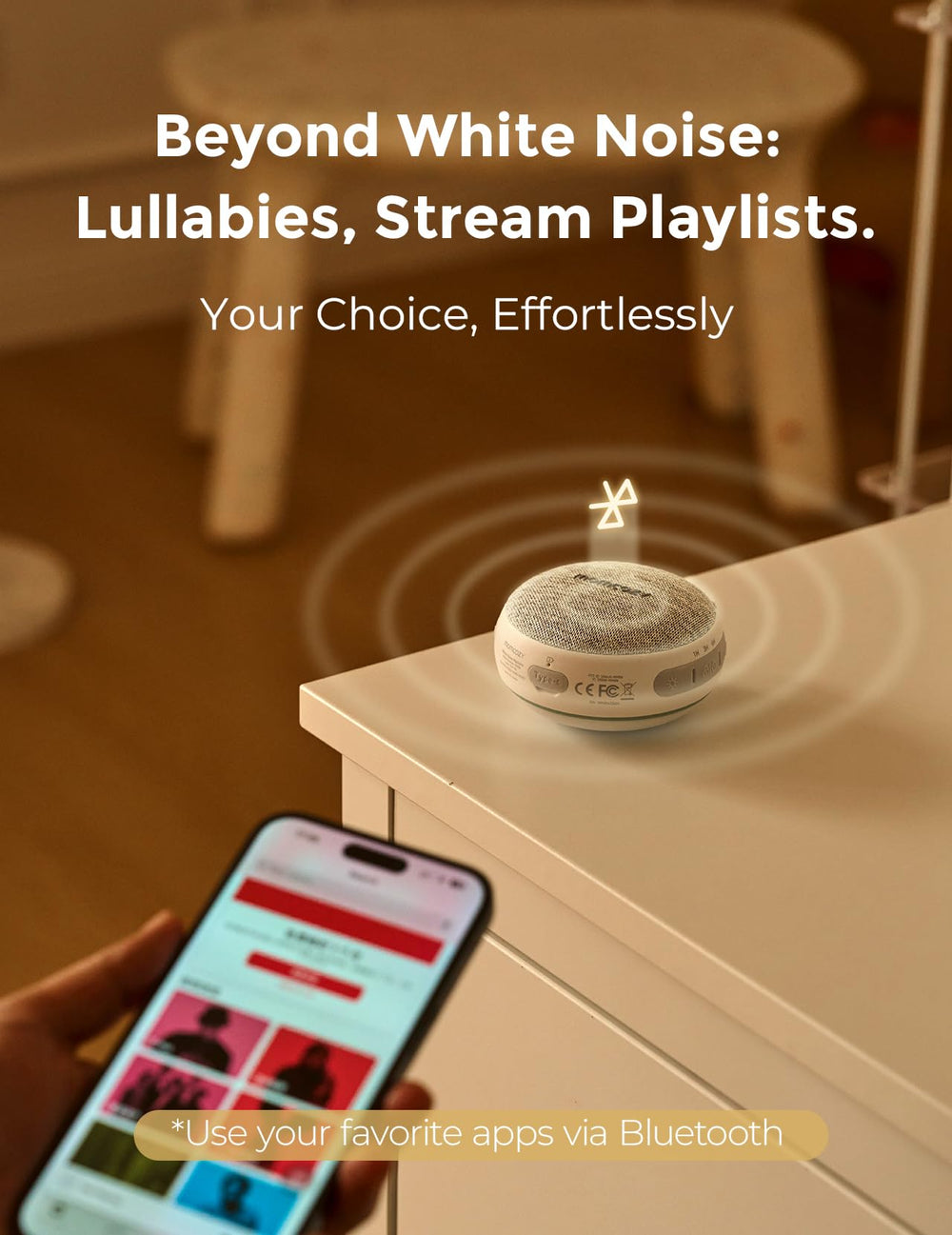 Momcozy sound selection display highlighting 20 soothing sounds for tailored comfort