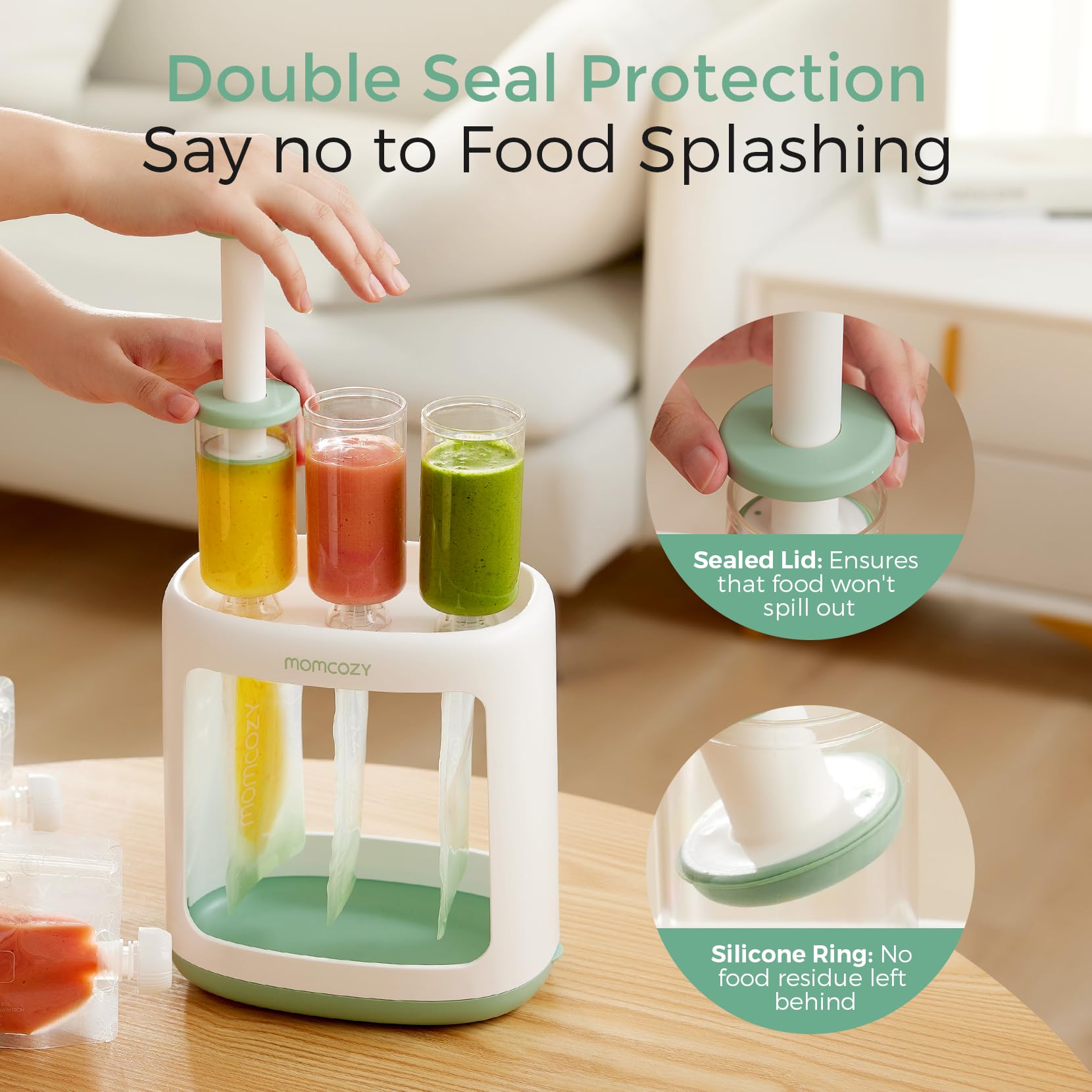 Momcozy anti-splash tubing close-up preventing puree splatter for cleaner counters