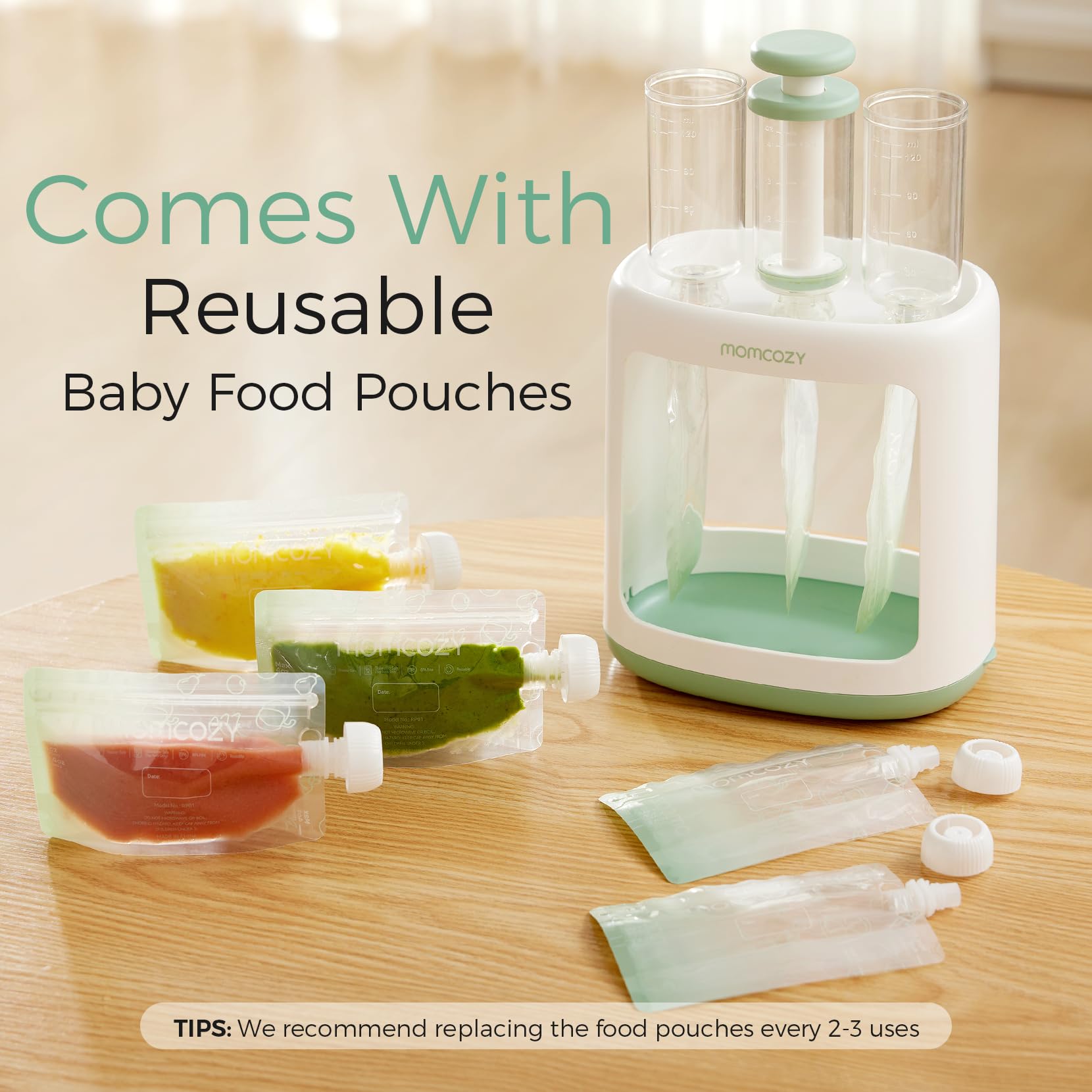 Momcozy hopper and nozzle close-up for precise dispensing and minimal waste