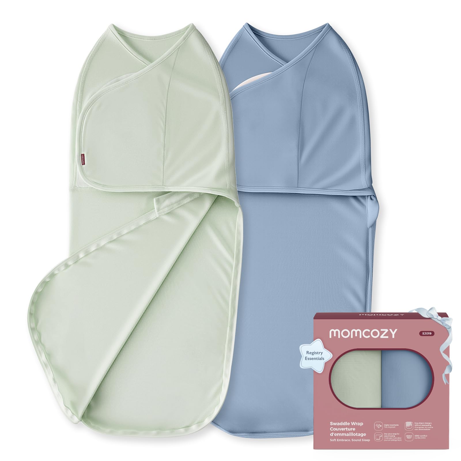 Momcozy swaddle front view showing snug fit and clean design for peaceful sleep