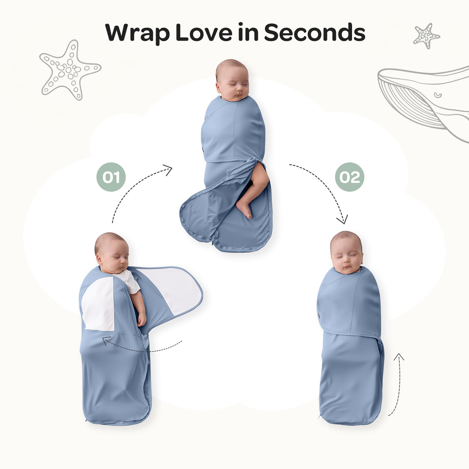 Momcozy swaddle on infant in crib showing secure wrap and calm sleeping benefit