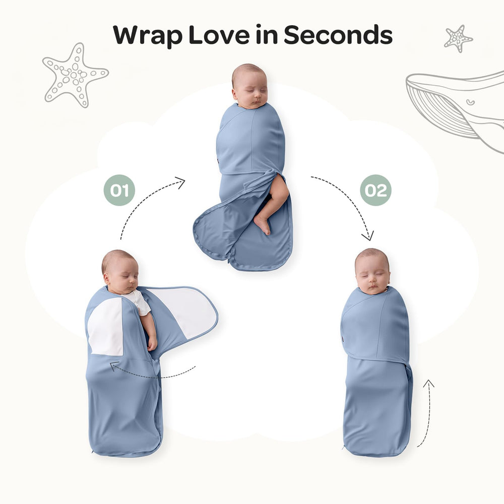 Momcozy swaddle on infant in crib showing secure wrap and calm sleeping benefit