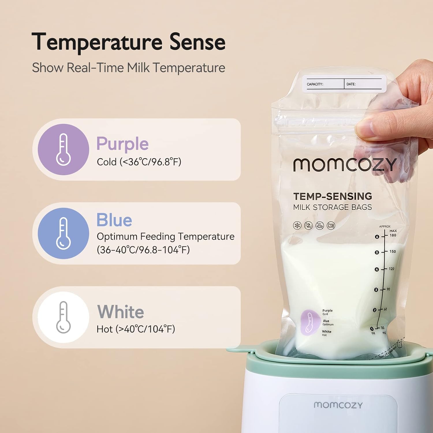 Momcozy temp-sensing strip close-up indicating safe feeding temperature