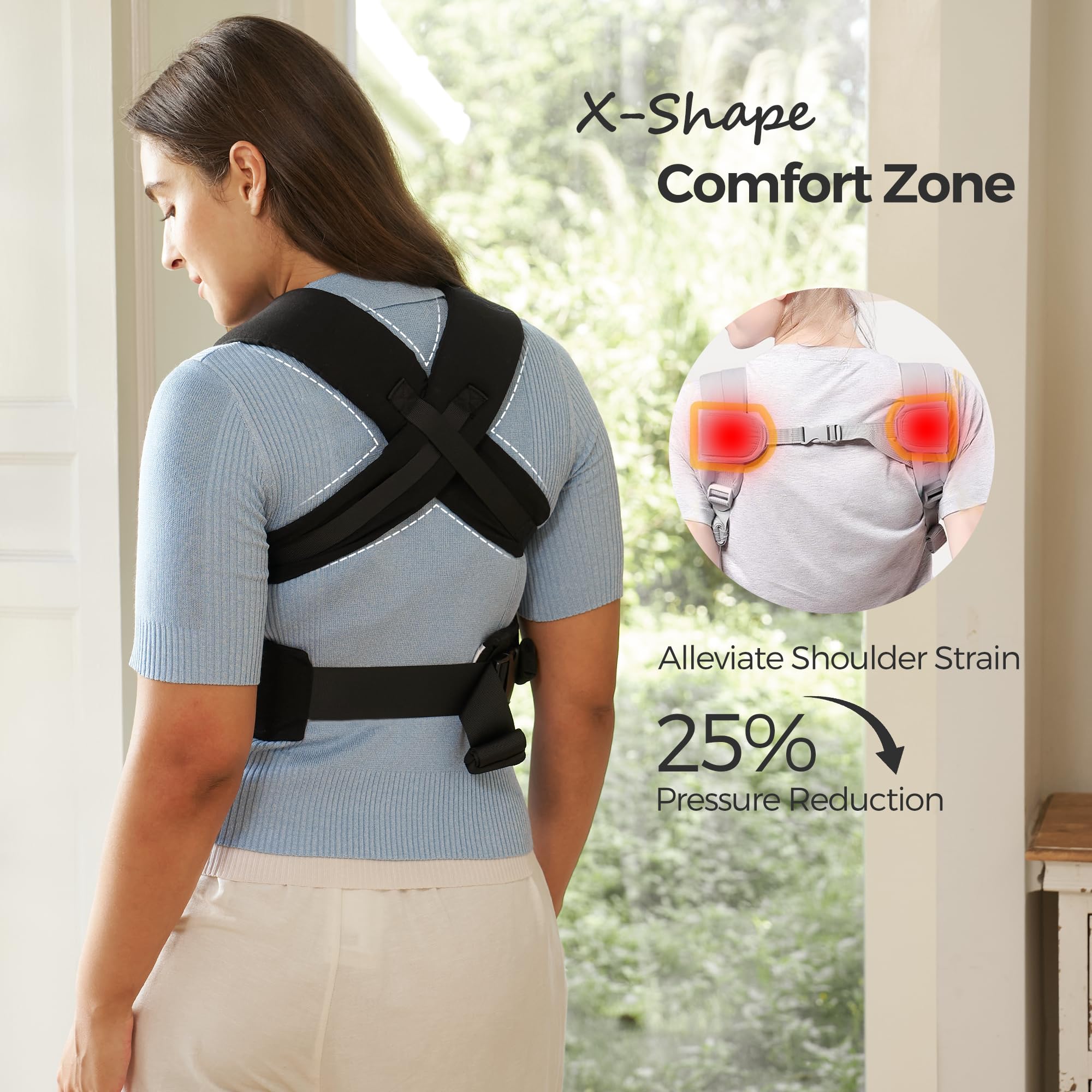 Momcozy baby cradled in ergonomic M position for hip support