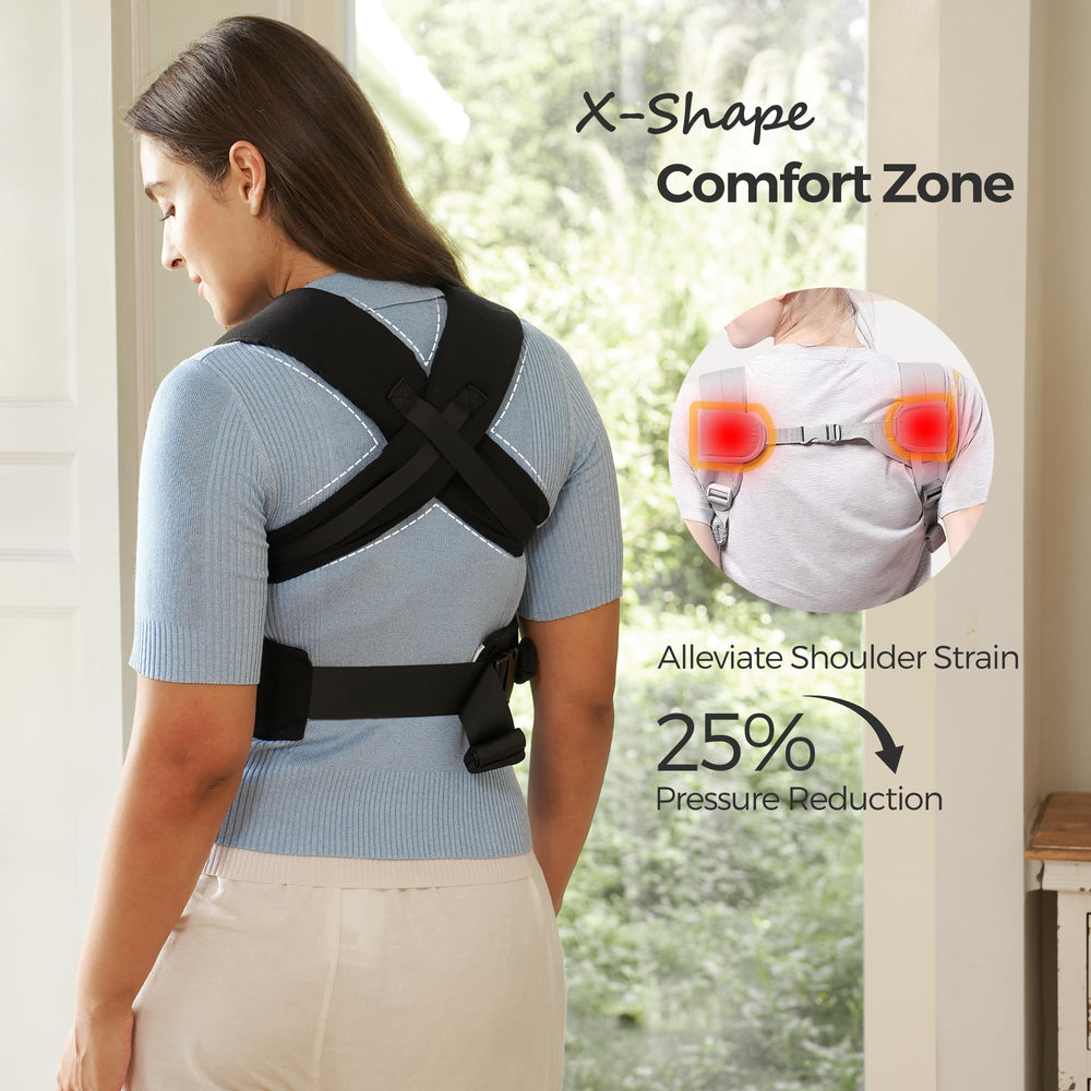Momcozy baby cradled in ergonomic M position for hip support