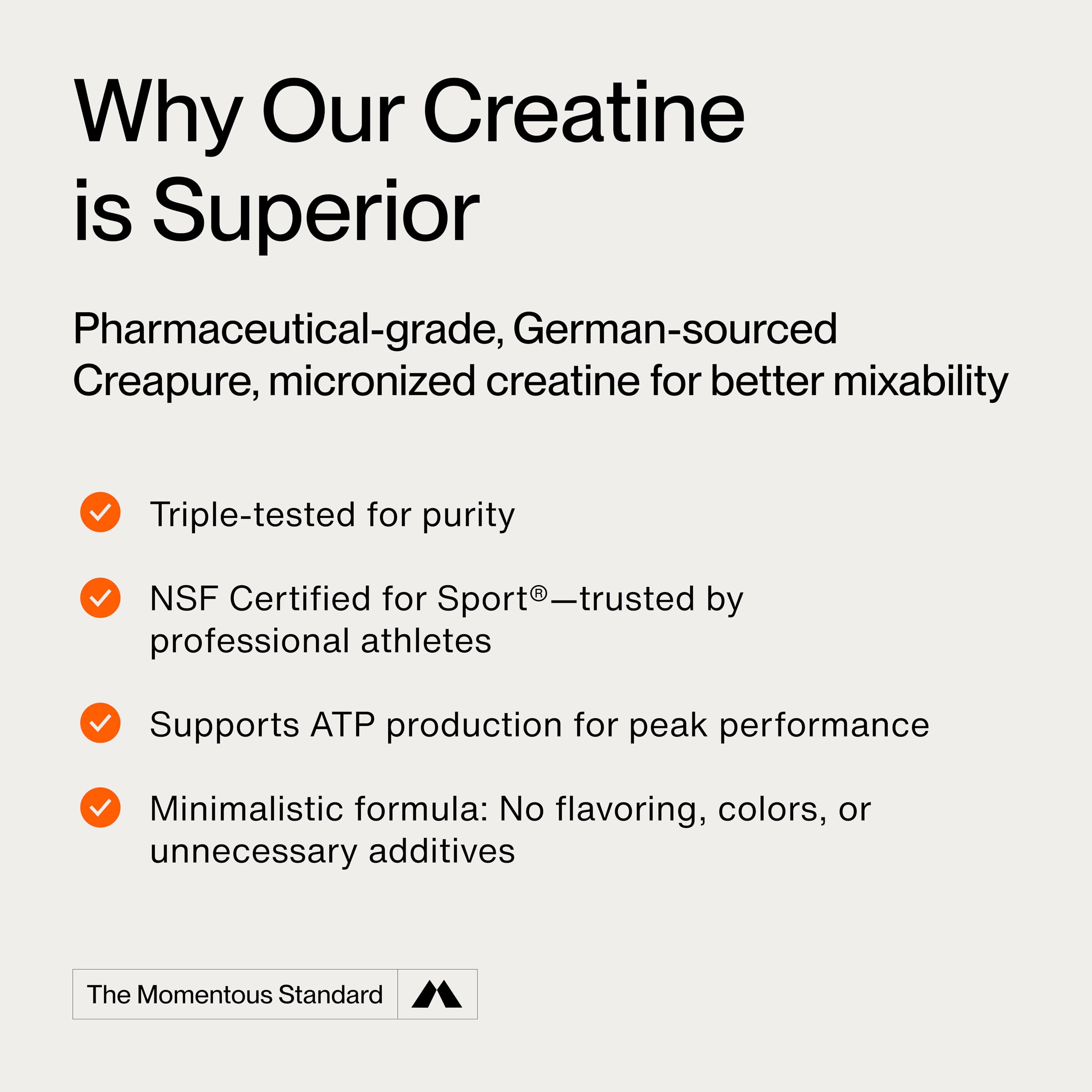 Momentous creatine label close-up showing NSF Certified for Sport testing assurance