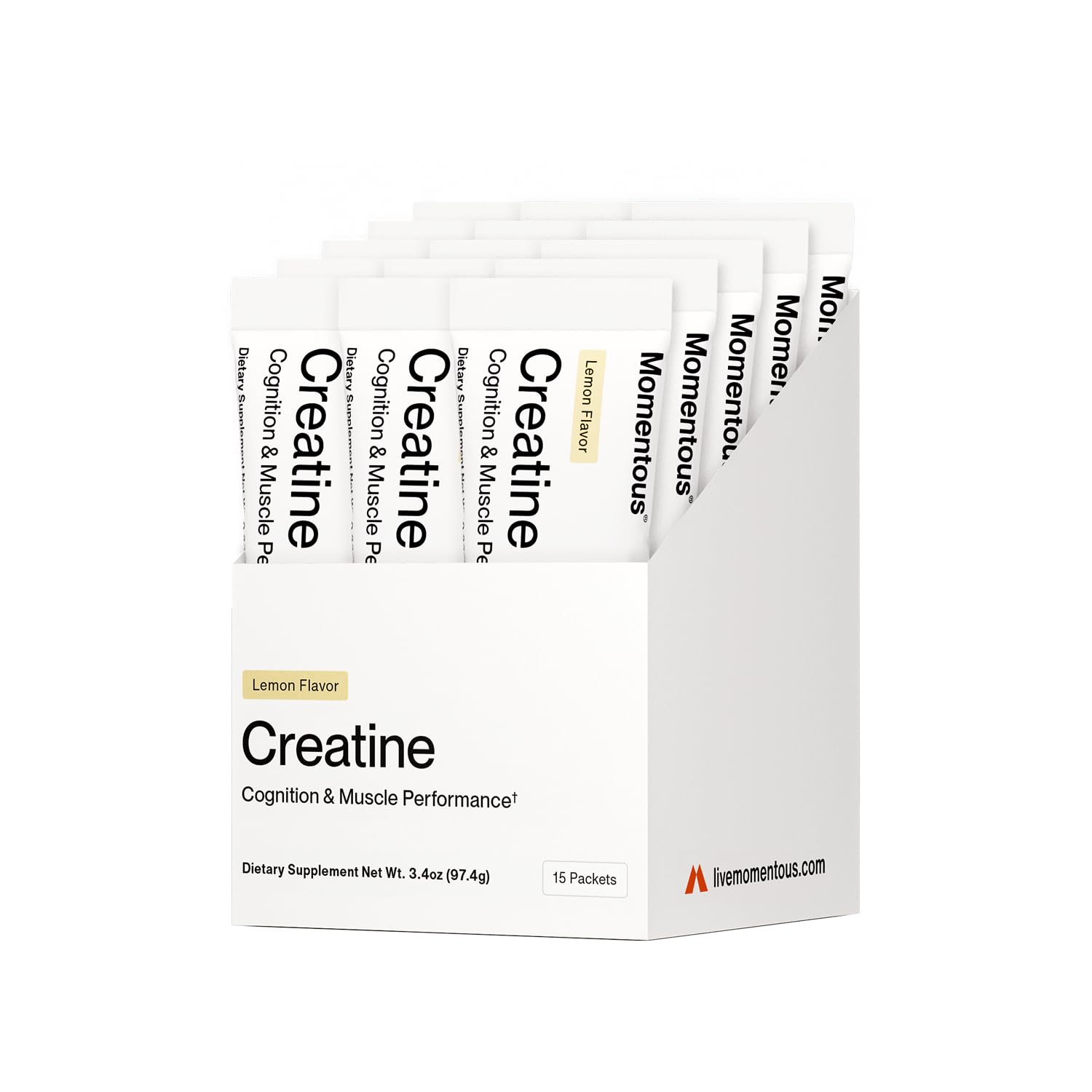Momentous creatine front packaging showing lemon flavor and single-serve convenience