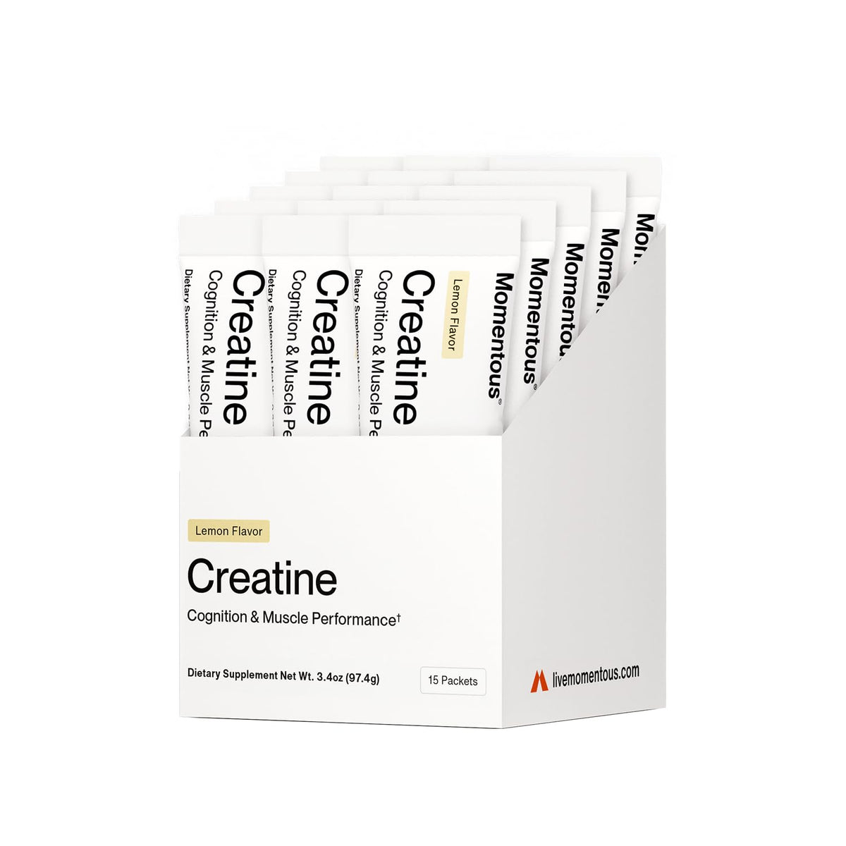 Momentous creatine front packaging showing lemon flavor and single-serve convenience