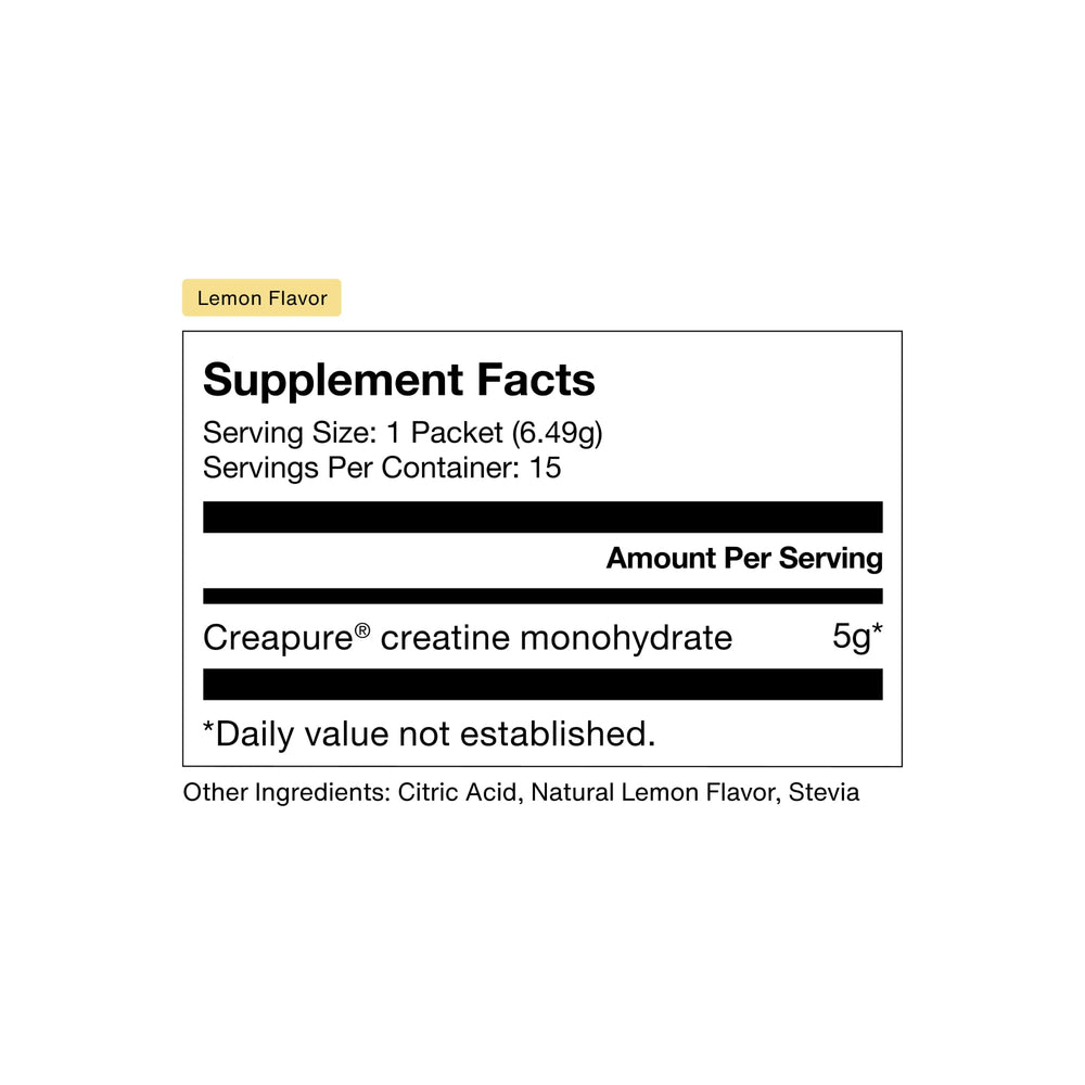 Momentous creatine single-serve packet close-up highlighting easy dosing benefit
