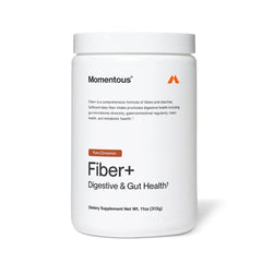 Momentous Fiber+ front canister showing product branding and cinnamon flavor benefit