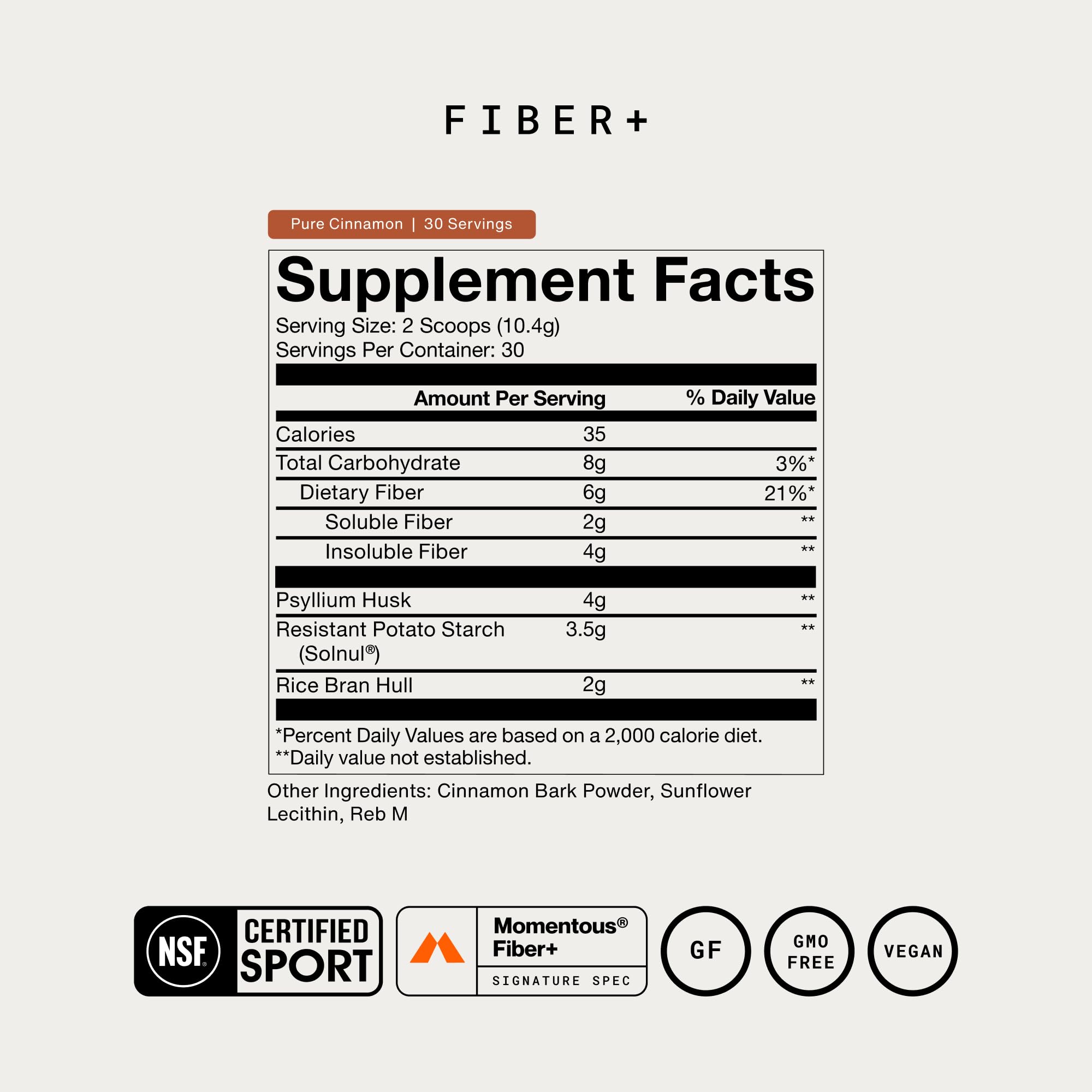 Momentous Fiber+ packaging side view showing supplement facts and expert-crafted benefit
