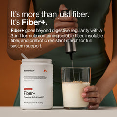 Momentous Fiber+ powder close-up highlighting fine texture and easy mixability benefit