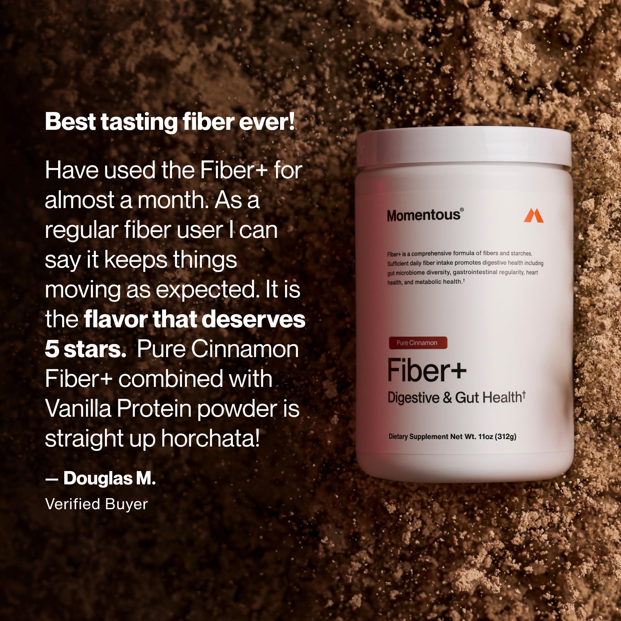 Momentous Fiber+ spoonful texture detail emphasizing soluble fiber hydration benefit