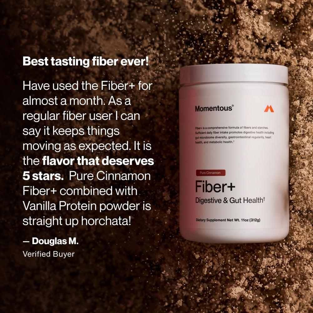 Momentous Fiber+ spoonful texture detail emphasizing soluble fiber hydration benefit