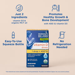 Mommy's Bliss bottle label detail showing certifications and ingredient simplicity
