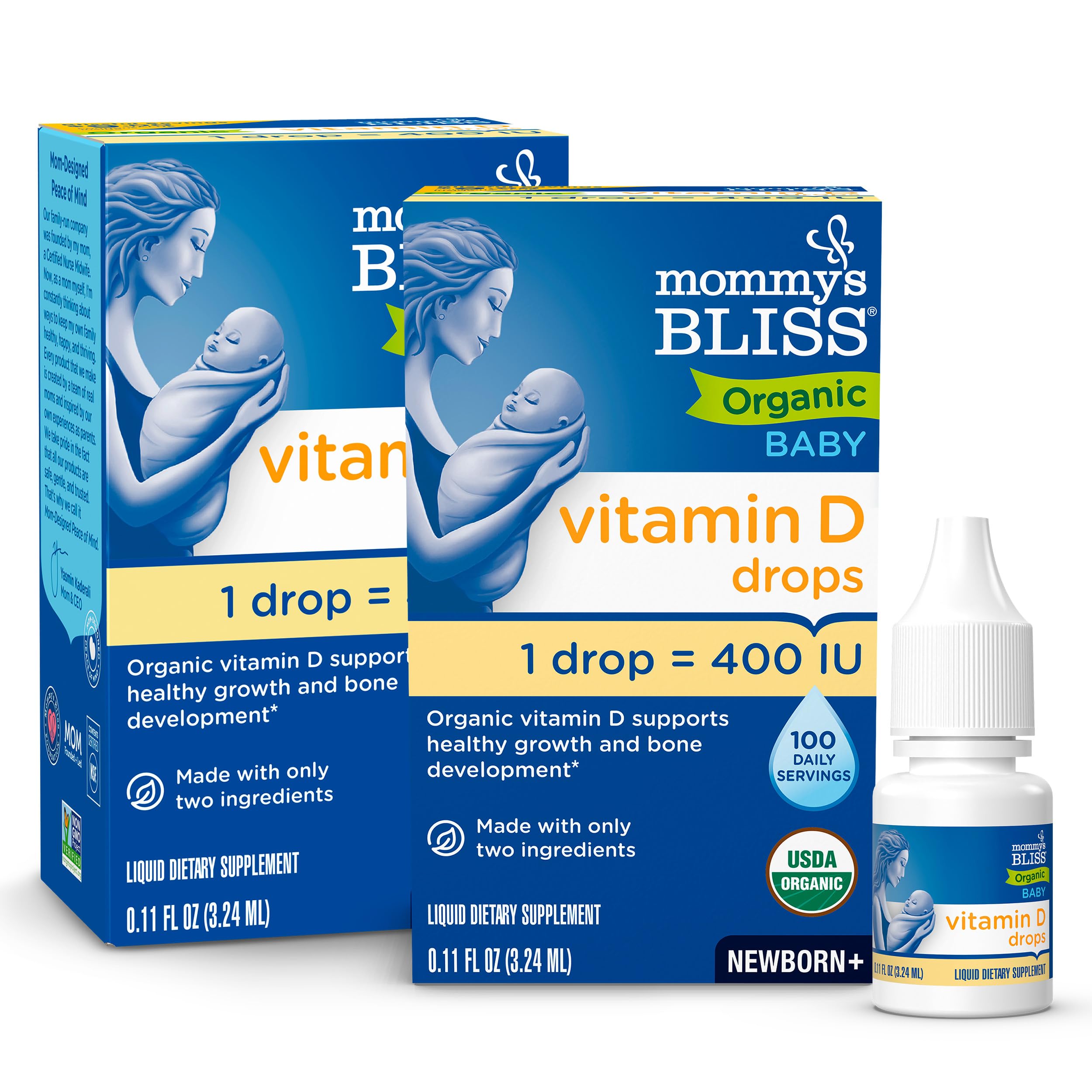 Mommy's Bliss front packaging showing organic baby vitamin D drops benefit clarity
