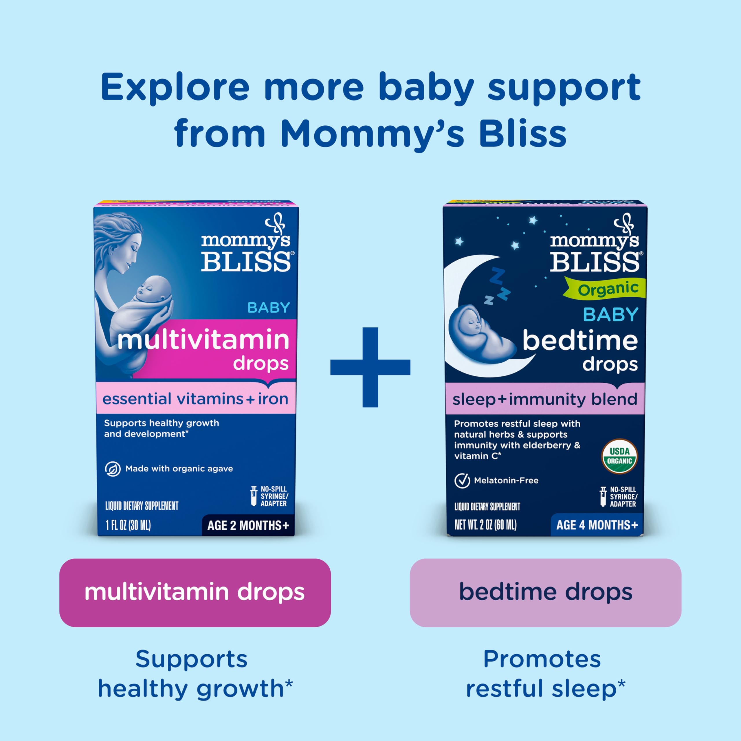 Mommy's Bliss bottle next to common items for scale highlighting compact travel-friendly size