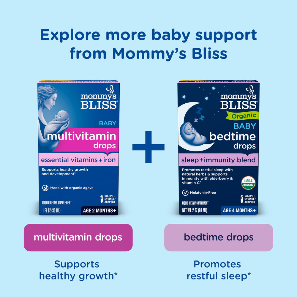 Mommy's Bliss bottle next to common items for scale highlighting compact travel-friendly size