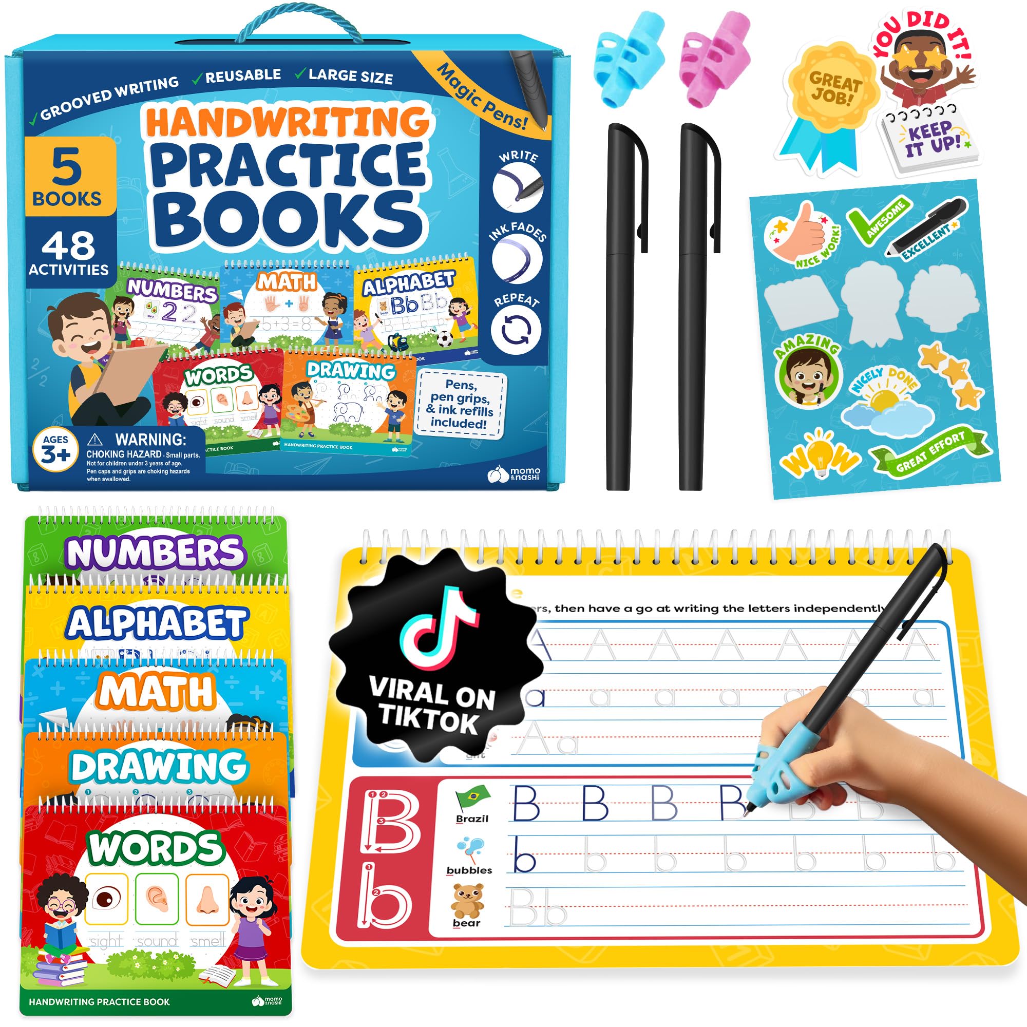 Momo & Nashi front cover showing full five-book kit and accessories benefit reusable learning