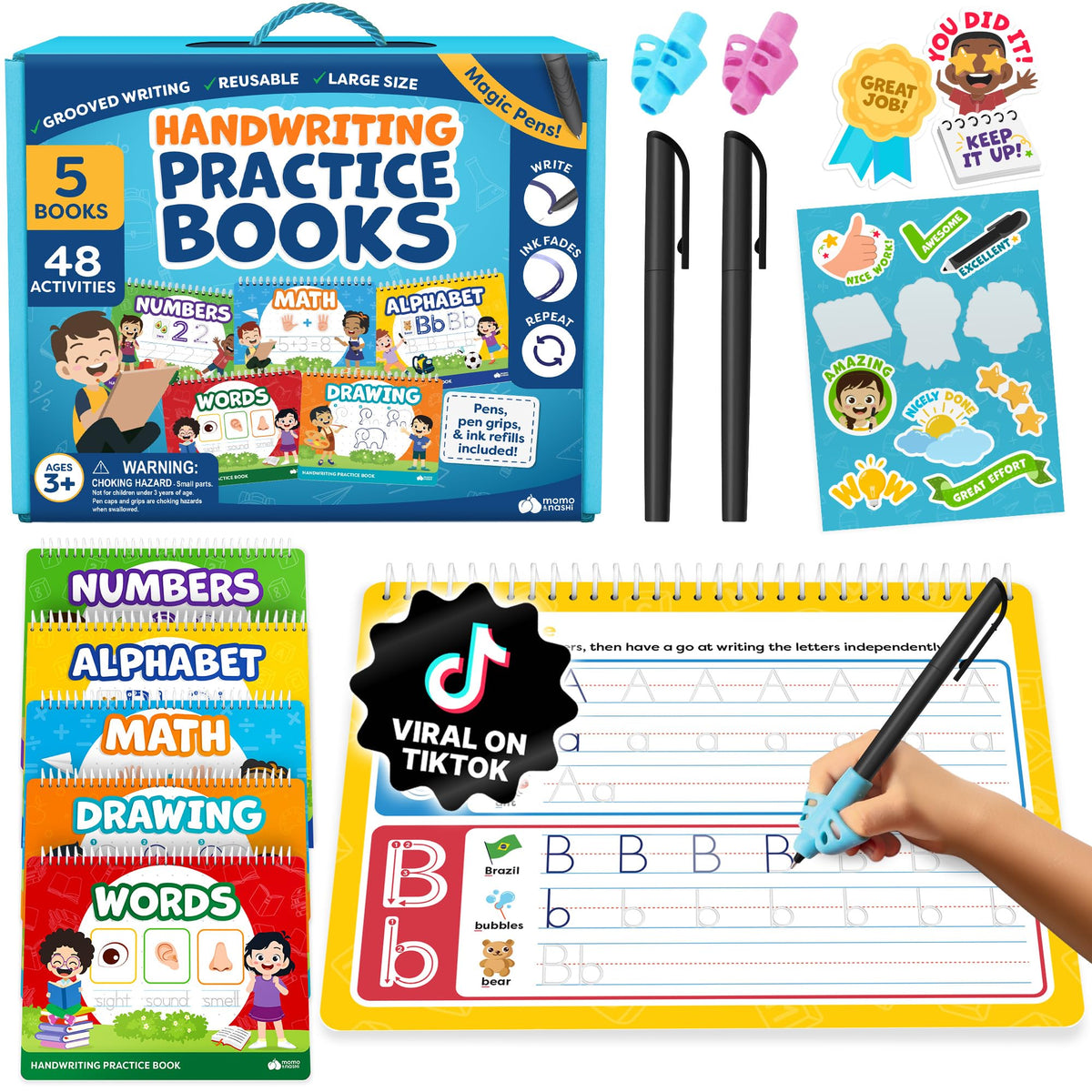 Momo & Nashi front cover showing full five-book kit and accessories benefit reusable learning