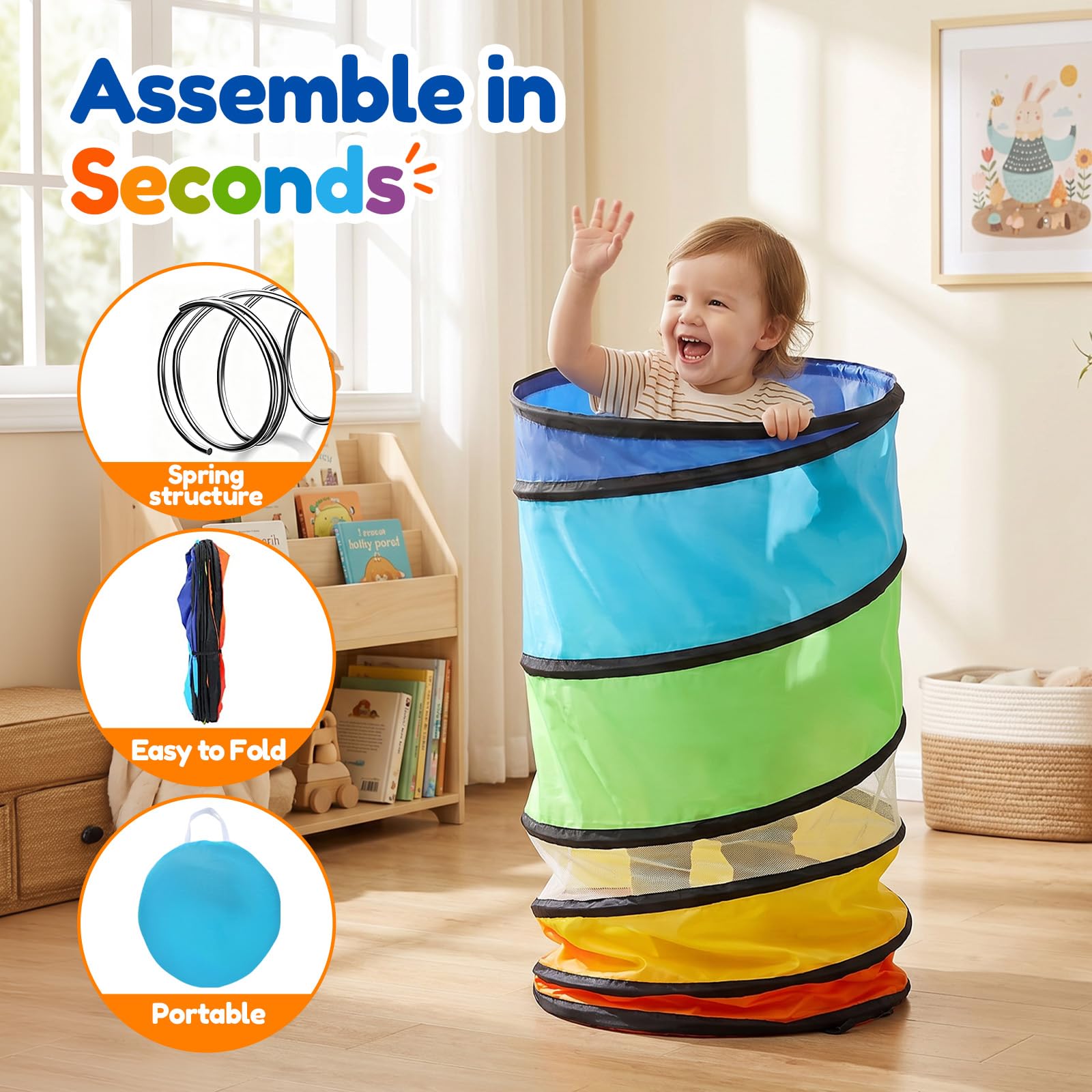 Moncoland toddler crawling through tunnel in playroom encouraging active fun and coordination