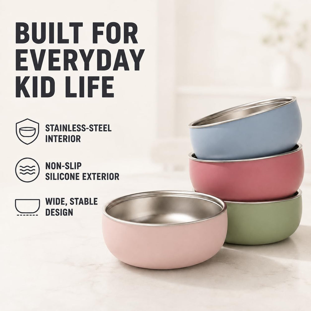 Monkey Proof top-down view of a filled bowl demonstrating easy scooping and toddler-friendly wide rim