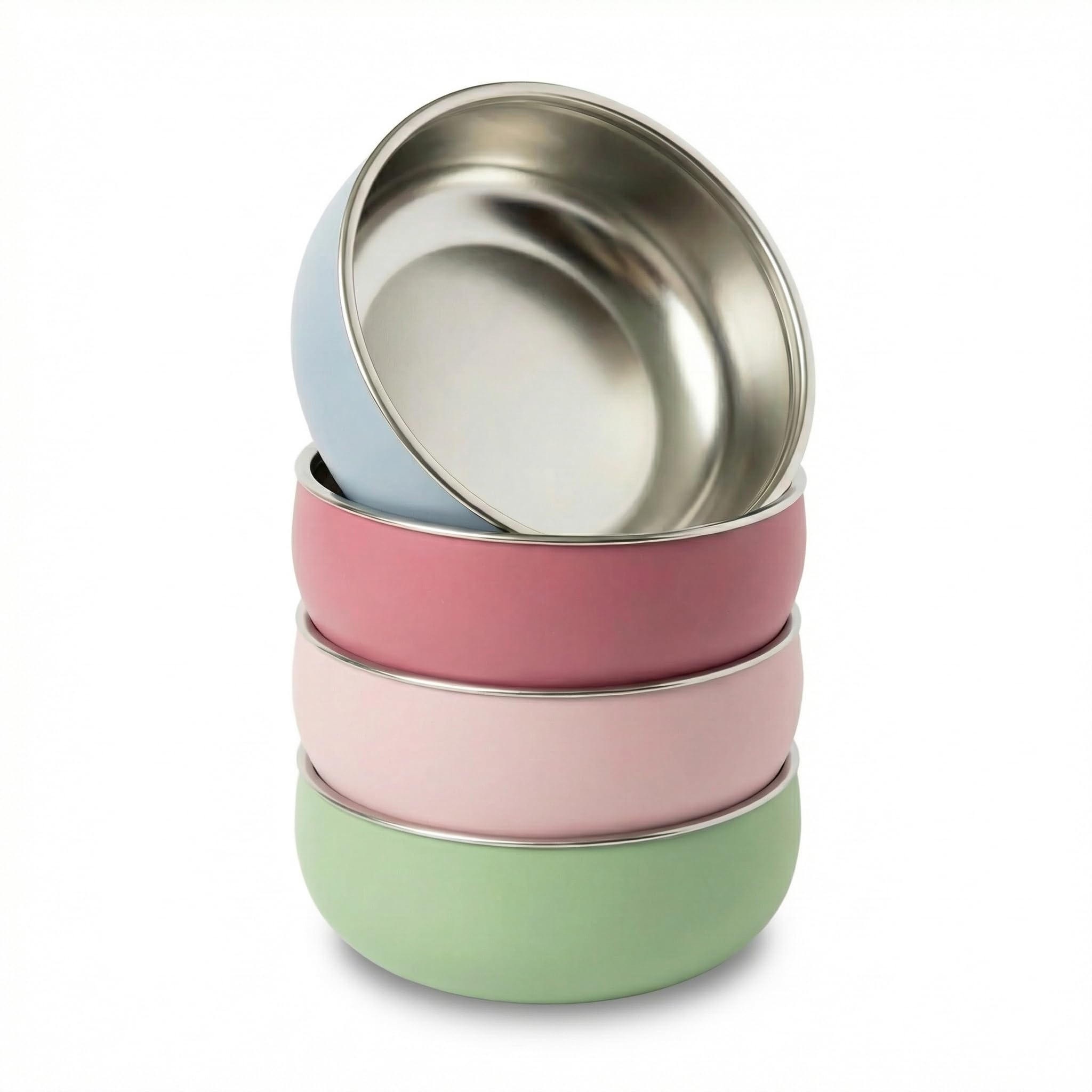 Monkey Proof front view of four colorful stainless steel child bowls showing package set and benefit of unbreakable design