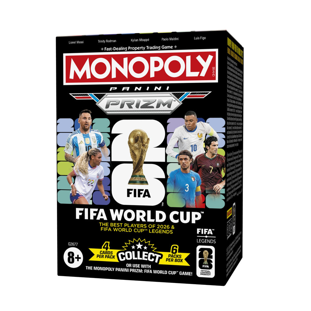 Monopoly Panini Prizm booster box front view showing branding and pack count, great for collectors