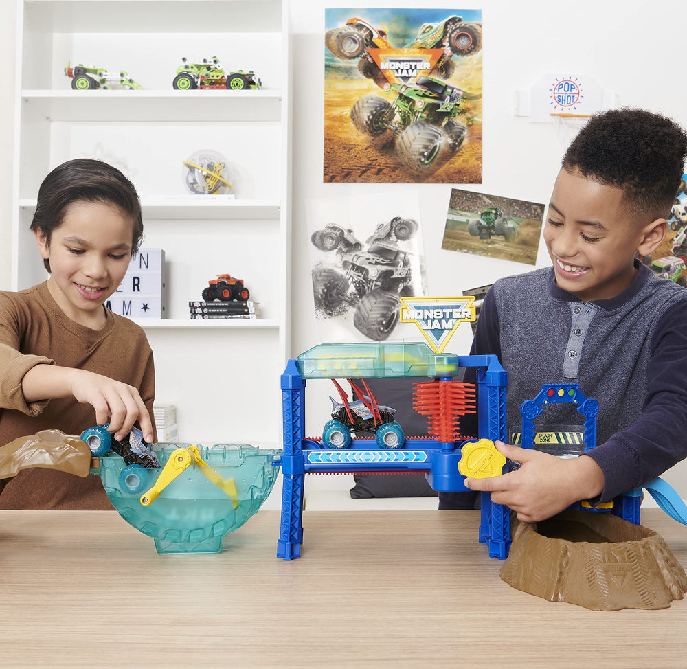 Monster Jam close-up of spinning brushes and textured rollers highlighting cleaning action and realistic motion