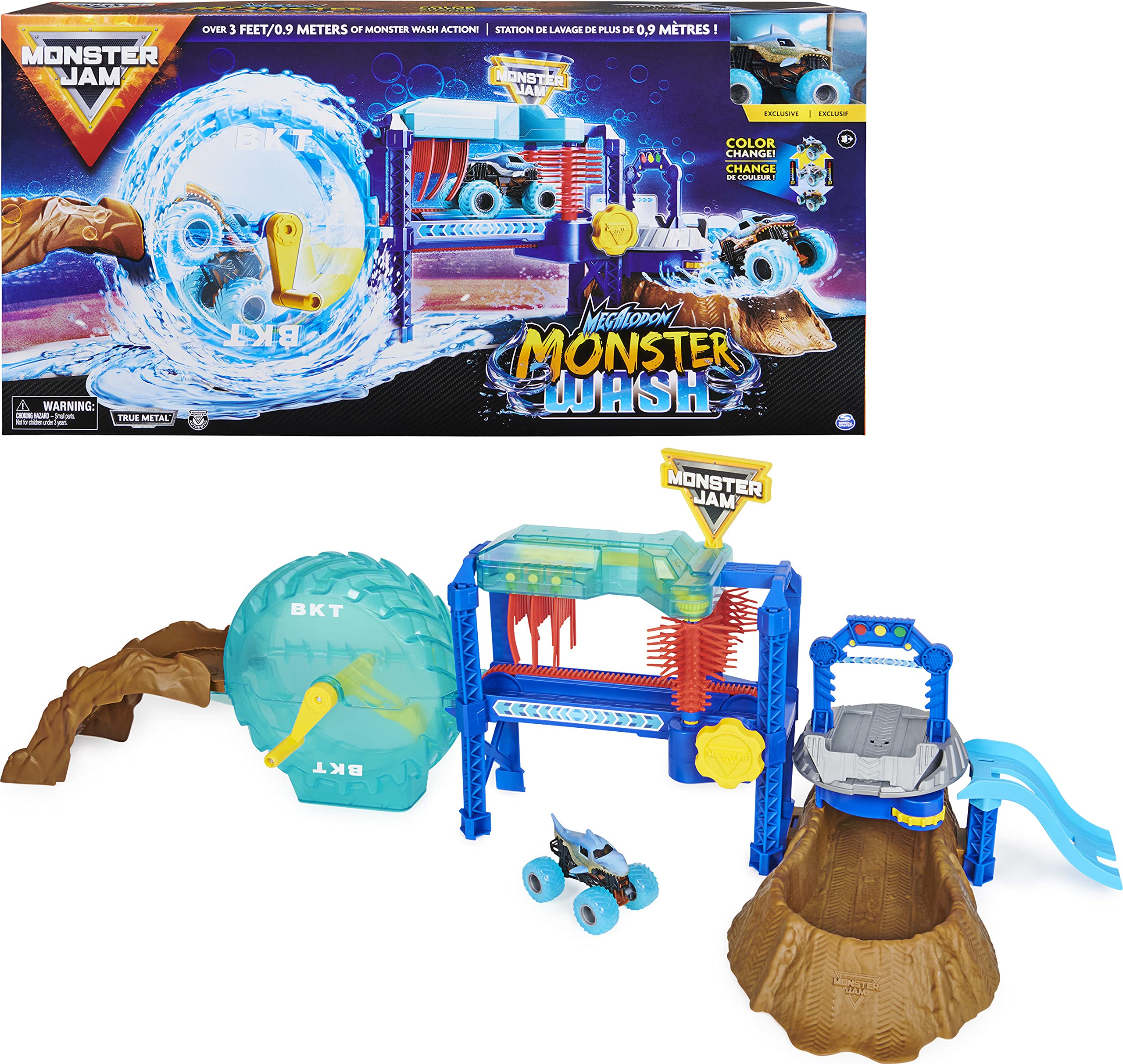 Monster Jam Megalodon Monster Wash front view showing full 3-foot playset and interactive features for longer play