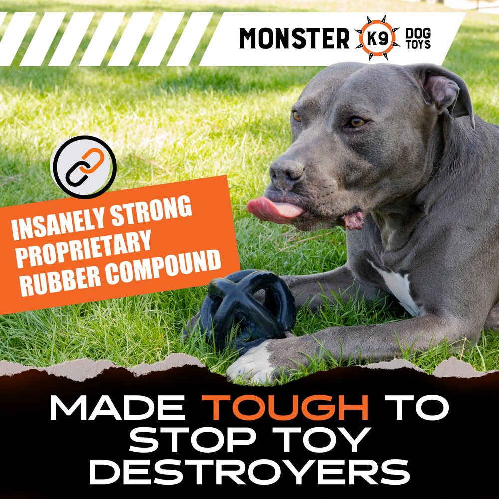Monster K9 ring ball next to tape measure showing 5.5 inch size benefit