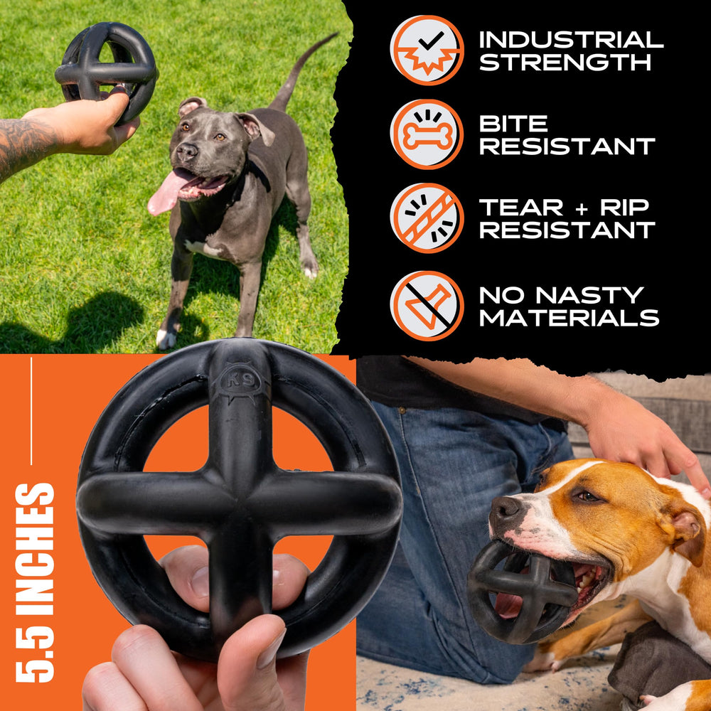 Monster K9 ring ball in a large dog’s mouth demonstrating strong-grip benefit