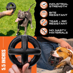 Monster K9 ring ball in a large dog’s mouth demonstrating strong-grip benefit