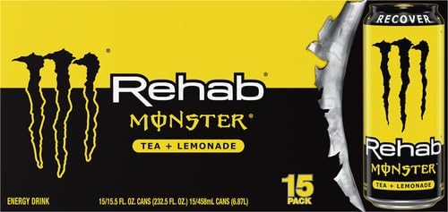 Hand holding Monster Rehab 15.5 oz can to show real size and portability