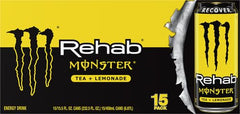 Hand holding Monster Rehab 15.5 oz can to show real size and portability