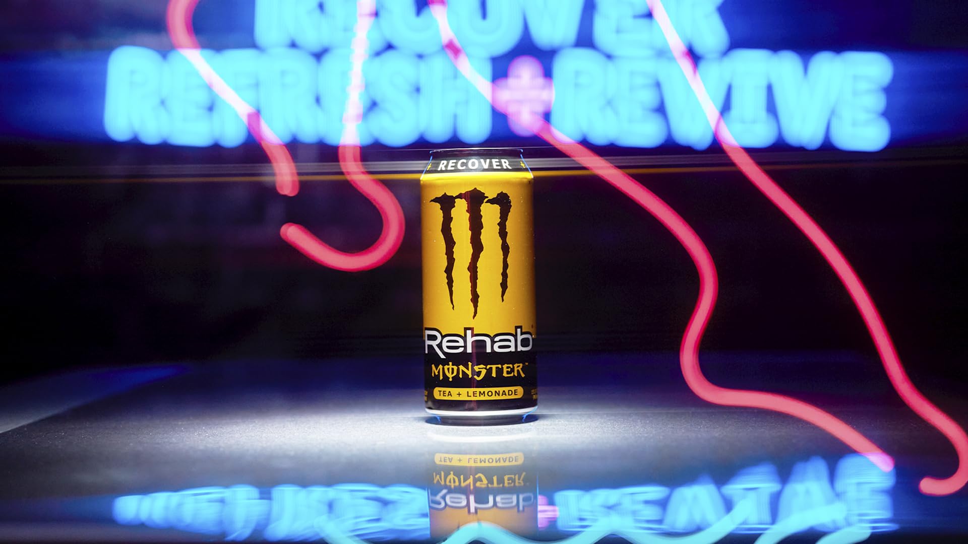 Close-up of Monster Rehab label listing ingredients, electrolytes and vitamins