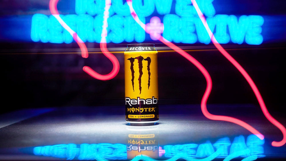 Close-up of Monster Rehab label listing ingredients, electrolytes and vitamins