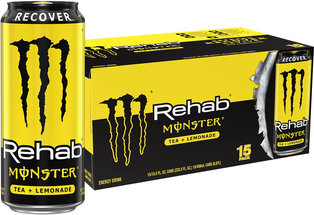 Monster Rehab Tea + Lemonade front can view showing branding and benefits