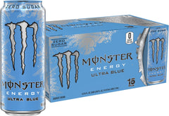 Monster Ultra Blue front can showing logo and color, highlights refreshing taste