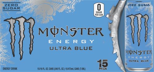 Hand holding a Monster Ultra Blue 16oz can for scale, showcases sized serving convenience