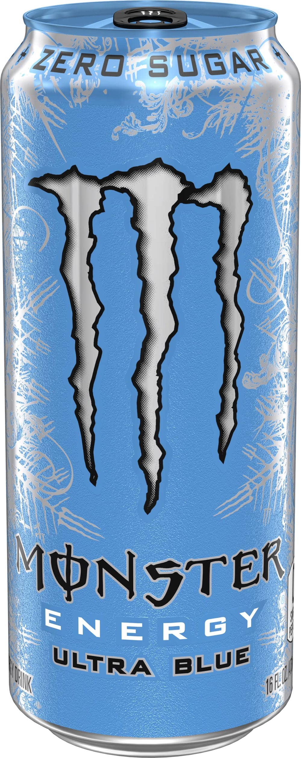 Monster Ultra Blue can on snowy ledge in mountain setting, conveys outdoor refreshment benefit