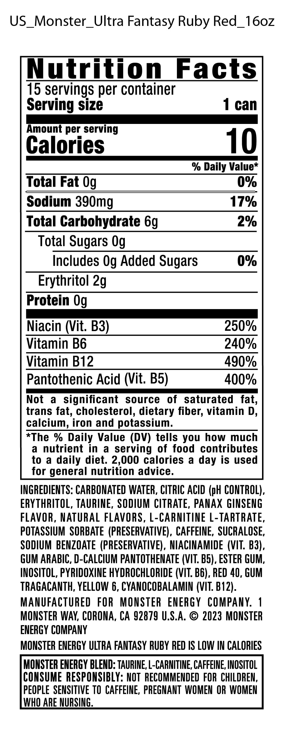 Monster Ultra Fantasy Ruby Red close-up of top tab and nutrition label for clarity