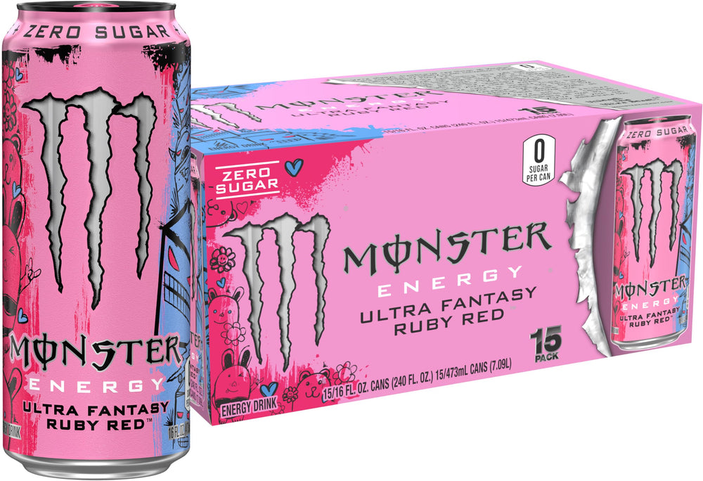 Monster Ultra Fantasy Ruby Red front can showing artwork and flavor benefit