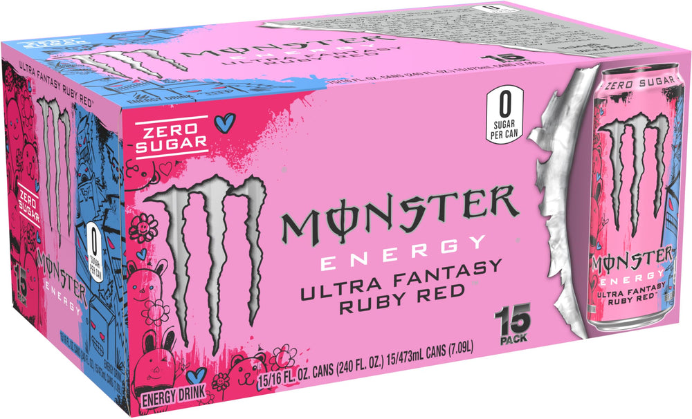 Monster Ultra Fantasy Ruby Red poured into glass highlighting color and carbonation