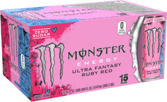 Monster Ultra Fantasy Ruby Red poured into glass highlighting color and carbonation