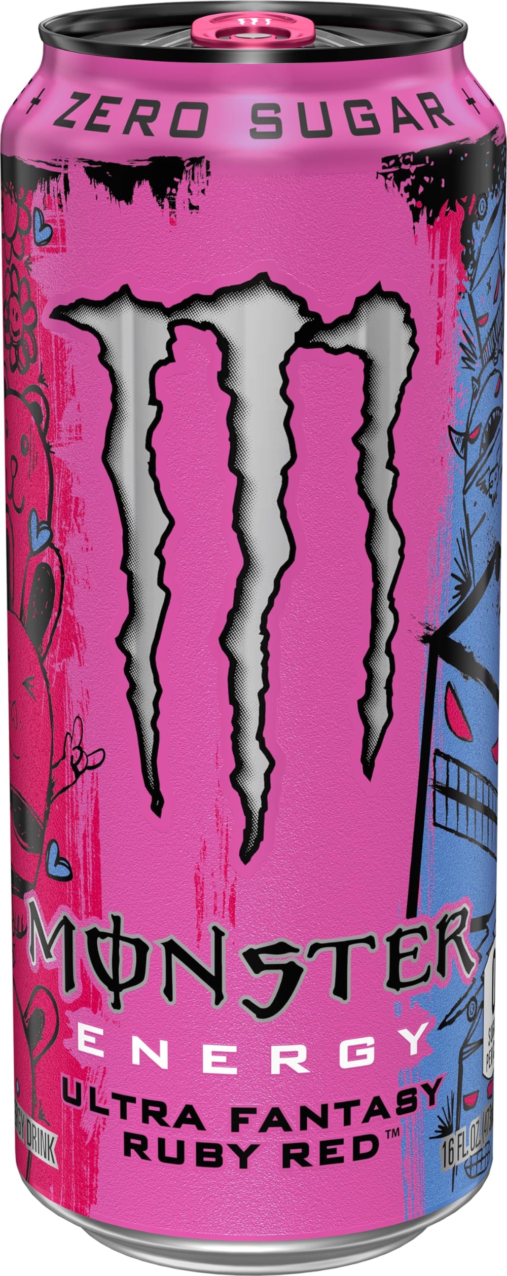 Monster Ultra Fantasy Ruby Red can next to hand showing 16 oz size for scale