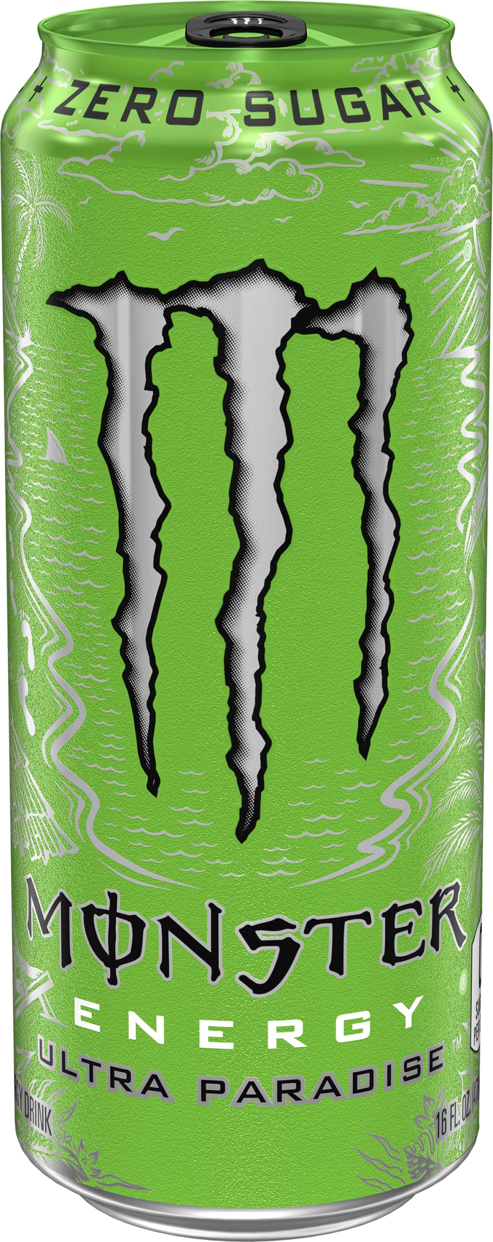 Monster Ultra Paradise can on beach towel evoking tropical flavor and relaxed boost